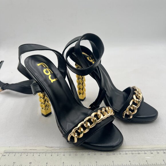 FSJ Black Chain Gold Metal Chain Chunky High Heels Ankle Strap Open Toe Sandals - Picture 4 of 8